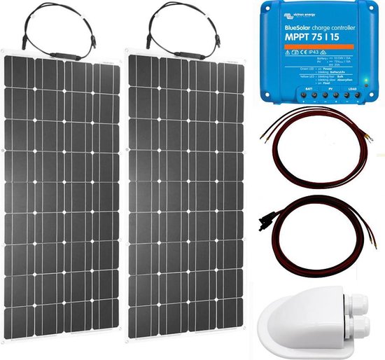 Set Flexibel Zonnepaneel 200Wp Caravan, Camper, Boot, Tent of Tuinhuisje - MPPT Victron Energy laadregelaar 75/15 - Zonnepaneel Compleet Pakket - Kabel met connectoren - Dakdoorvoer - Plug-Play set schematische tekening en handleiding-Monokristallijn van Victron Energy