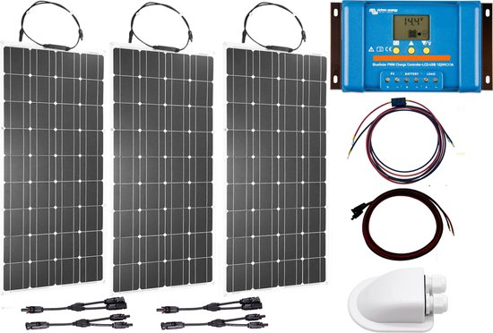 Set Flexibel Zonnepaneel 300Wp 12V Caravan, Camper, Boot, Tent of Tuinhuisje - Victron Energy BlueSolar PWM 30A LCD&USB laadregelaar - Zonnepaneel Compleet Pakket - Dakdoorvoer - Plug-Play set schematische tekening en handleiding-Monokristallijn van Victron Energy