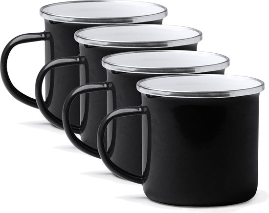 Set geëmailleerde mokken, 380 Ml. koffie/thee/warm/koude dranken | retro design effen kleuren | vintage camping, picknick of reisbekers | Lichtgewicht, draagbaar en herbruikbaar