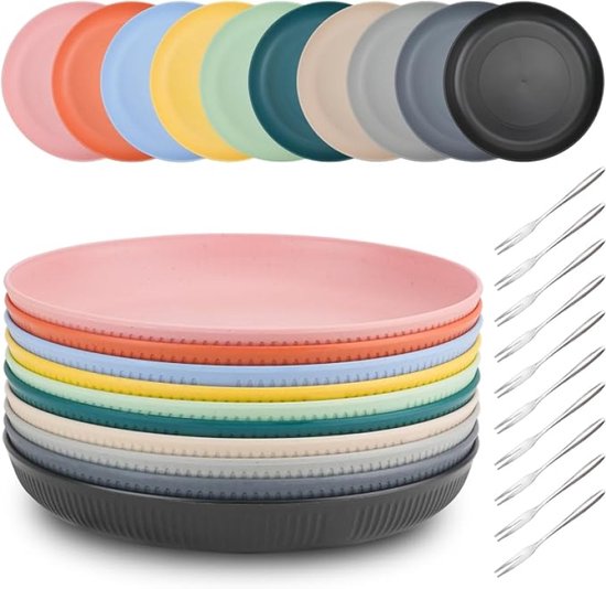 Set van 10 kunststof borden met 10 fruitvorken - Herbruikbare eetborden voor picknick, camping, pasta en salade - Vaatwasser- en magnetronbestendig - PromoHome