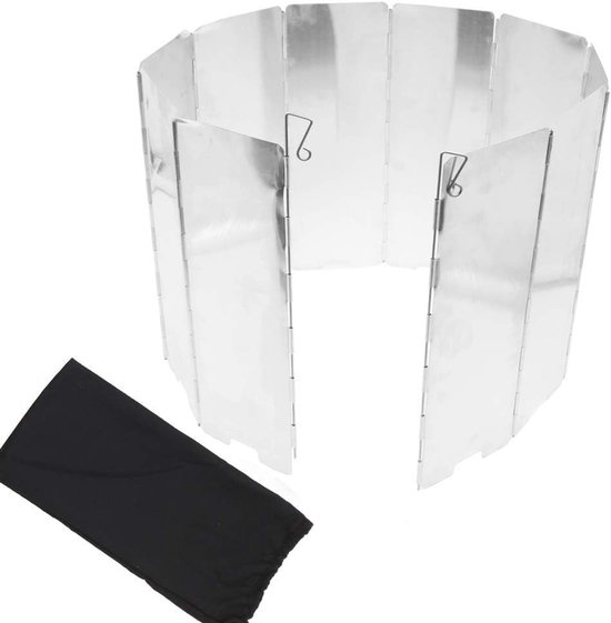 Set van 10 stuks - Windscherm voor kooktoestel - Draagbaar windscherm voor kooktoestel - Opvouwbaar windscherm van aluminiumlegering voor kamperen - Inclusief opbergtas - Geschikt voor buitengebruik - Totale lengte 24*83 cm - Zilver