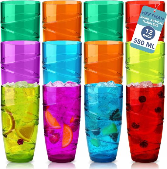 Set van 12 herbruikbare plastic glazen 550ml voor picknick, grill & tuin