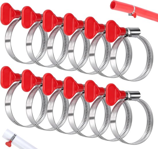 Set van 12 Verstelbare Slangklemmen 32 - 50 mm RVS Slangclips met Rode Handgreep voor Tuin, Zwembad en Wasmachine