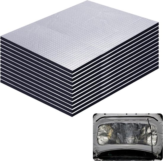 Set van 12 Zelfklevende Isolatiematten 25 x 18 cm voor Geluids- en Warmte-isolatie, Aluminium Folie en Schuim, Aanpasbaar voor Deuren, Motorkap en Kofferbak van Merkloos