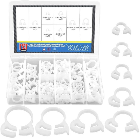 Set van 121 stevige witte nylon slangklemmen in 8 maten - Kunststof assortimentset voor diverse toepassingen - 6,6-27,2 mm - Handige klikklemmen van Merkloos