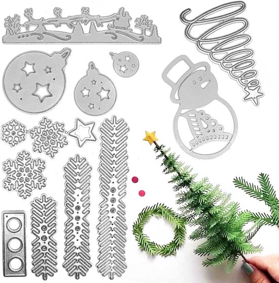 Set van 14 kerststansvormen, sneeuwvlokken, 3D-kerstboom, sneeuwpop, kerstman, rendier, stempelsjablonen, voor doe-het-zelf plakboek, album, papieren kaart, taartdeksel, knutselen