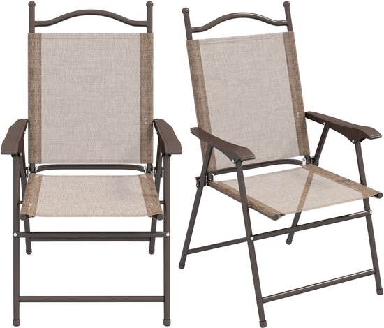 Set van 2 klapstoelen voor in de tuin met armleuningen en zitting van ademend textiel, bruin