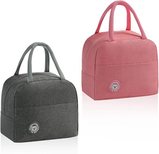 Set van 2 kleine koeltassen in grijs en roze - Mini-koeltas met zijvakken - Voor school, familie en kantoor van Merkloos