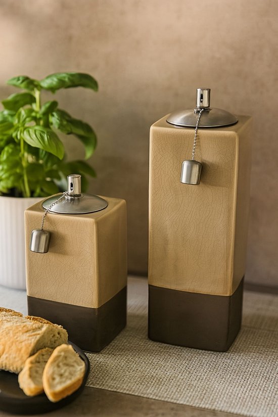 Set van 2 Luxe Keramische Olielampen voor Buiten – Beige/Bruin – 12 x 12 x 26 cm & 12 x 12 x 34 cm