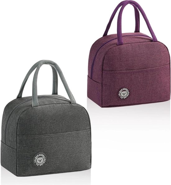 Set van 2 mini koeltassen in grijs en paars, lunchtas met zijvakken en hengsels, voor kantoor, familie en school van Merkloos