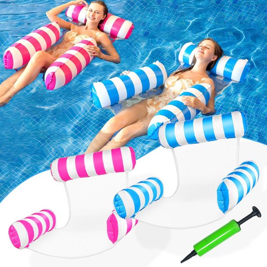 Set van 2 Opblaasbare Waterhangmatten - 4-in-1 Zwemstoel & Luchtmatras met Net voor Zwembad en Strand