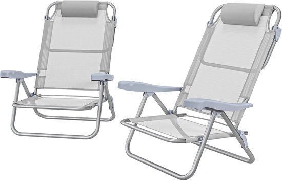 Set van 2 opvouwbare campingstoelen, campingstoel met 6-voudig verstelbare rugleuning van gaas en hoofdsteun, 62 x 65 x 80 cm lichtgrijs