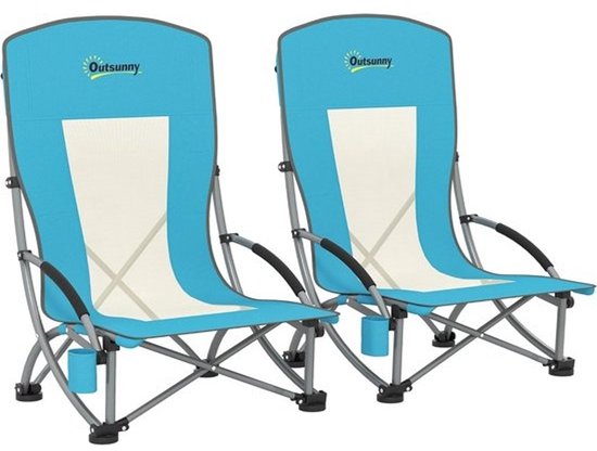 Set van 2 Opvouwbare Lage Campingstoelen met Bekerhouder en Draagtas