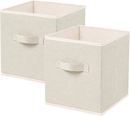 Set van 2 opvouwbare opbergkubussen van stof, 26,7 × 26,7 × 28 cm grote opbergmanden in linnenlook met een robuuste draaggreep, opvouwbare opbergkubus, beige