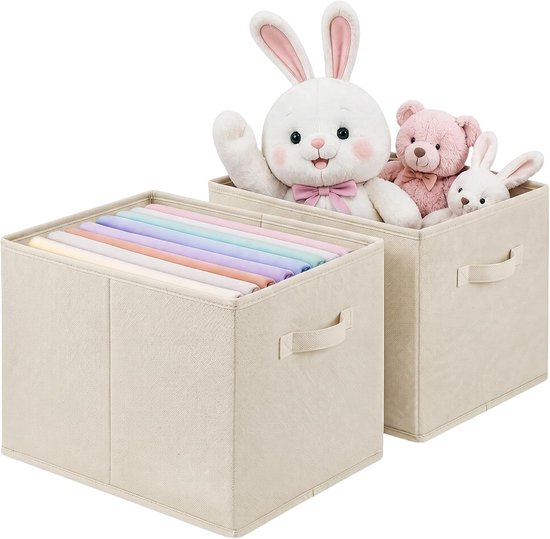 Set van 2 opvouwbare opbergkubussen van vliesstof, 33 × 38 × 33 cm, grote opbergmanden met één handvat, opvouwbare opbergdozen, beige