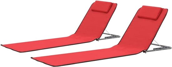 Set van 2 Opvouwbare Strandmatten met Rugleuning - Verstelbaar Strandbed - Rood - Lichtgewicht & Draagbaar - Voor Strand, Camping & Balkon