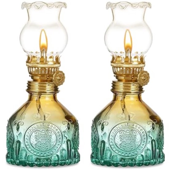 Set van 2 retro glazen olielampen met instelbare vlam - sfeerverlichting voor binnen