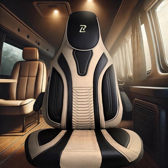 Set van 2 Stoelhoezen voor Camperbus Fiat Ducato, Peugeot Boxer, Citroen Jumper en Opel Movano - Beige Velours en Kunstleer
