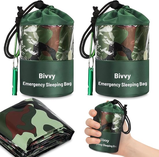 Set van 2 Stuks: Ultralichte Survival Slaapzak, Nood Balaclava, Nooddeken en Tent voor Buitenactiviteiten, Waterdicht en Warmte-Reflecterend, Ideaal voor Kamperen en Wandelen