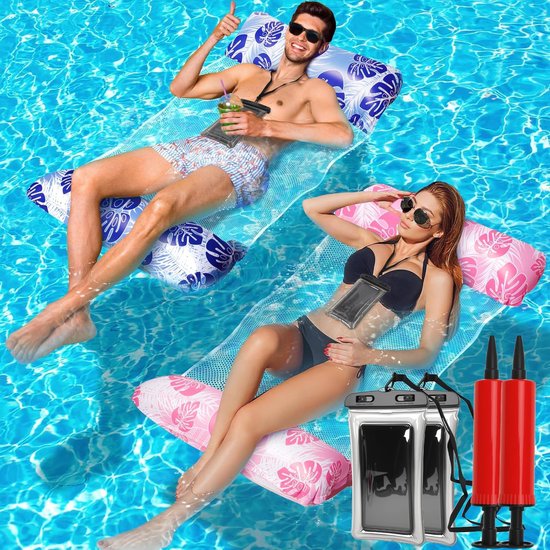 Set van 2 Waterhangmat met Net - 4-in-1 Opblaasbaar Luchtbed voor Zwembad en Strand