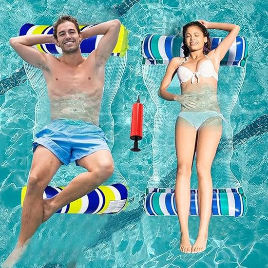 Set van 2 waterhangmat opblaasbaar, 4-in-1 zwembadvlot voor volwassenen, opblaasbaar zwembadmatras met 1 handmatige luchtpomp voor strandfeesten en meer van Merkloos