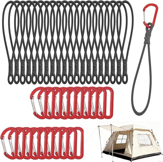Set van 20 Elastische Touwen met Karabijnhaak, Spanner voor Kampeertenten, Rubber Haken en Outdoor Gebruik