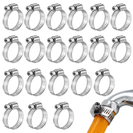 Set van 20 Slangklemmen 16-25 mm – 304 Roestvrij Staal, Verstelbare en Roestvrije Slangklemmen voor Water-, Gas- en Benzineslangen van Merkloos