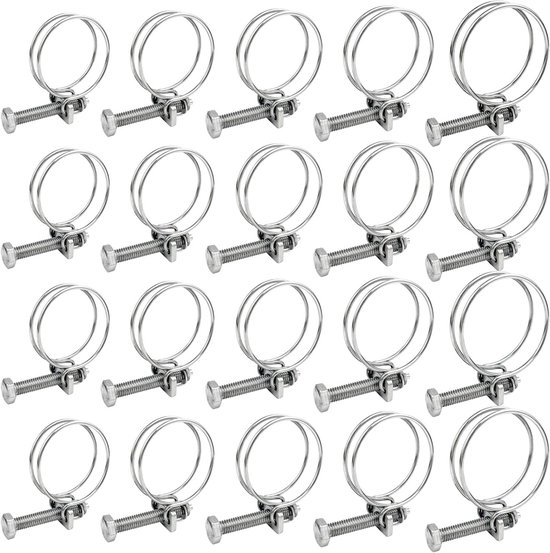 Set van 20 Verstelbare Dubbele Draad Slangklemmen van 16-40mm, RVS Slangklemmen voor Thuis en Industrie, Duurzaam en Sterk van Merkloos