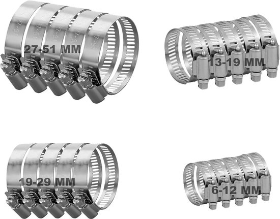 Set van 20 Verstelbare Slangklemmen - 6-51mm RVS Klemmen voor Tuin, Zwembad en Wasmachine, Diverse Maten en Toepassingen