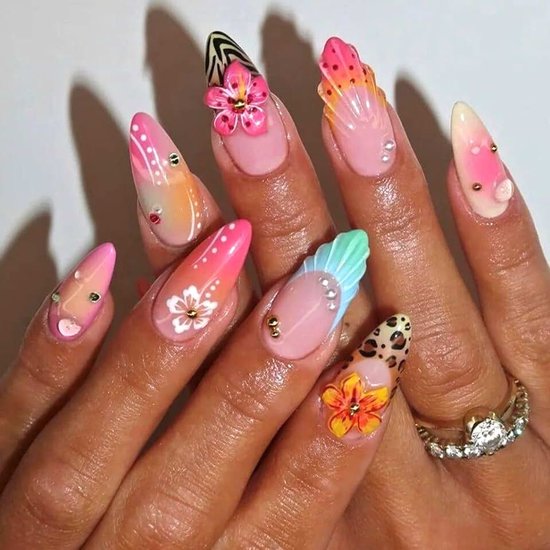 Set van 24 nagels om op te plakken, medium amandel, Franse tip, press-on nagels, 3D, bloemen, schelpen, kunstnagels, volledige dekking, nepnagels, zomer, strand, acryl, voor vrouwen
