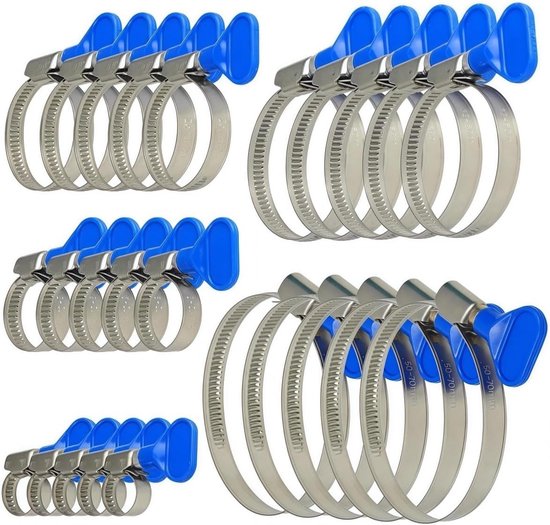 Set van 25 roestvrijstalen slangklemmen in vijf maten (10-70mm) met verstelbare vleugelmoer, perfect voor water-, gas- en zwembadslangen