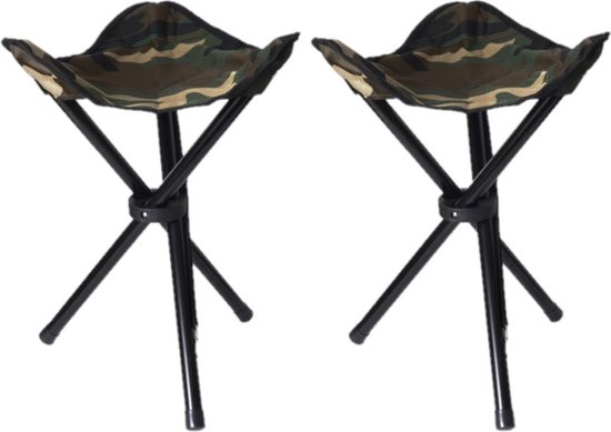 Set van 2x stuks drie poot opvouwbare krukjes camouflage leger groen 40 cm - Campingstoel - Visserskrukje van Belomax