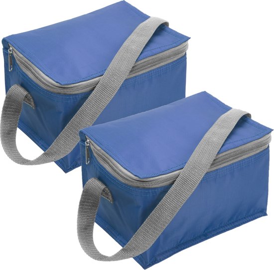 Set van 2x stuks kleine koeltas blauw voor 6 blikjes met rits en draagband - lunch-drankjes-medicijnen - 20 x 13 x 13 cm van ArtiCasa