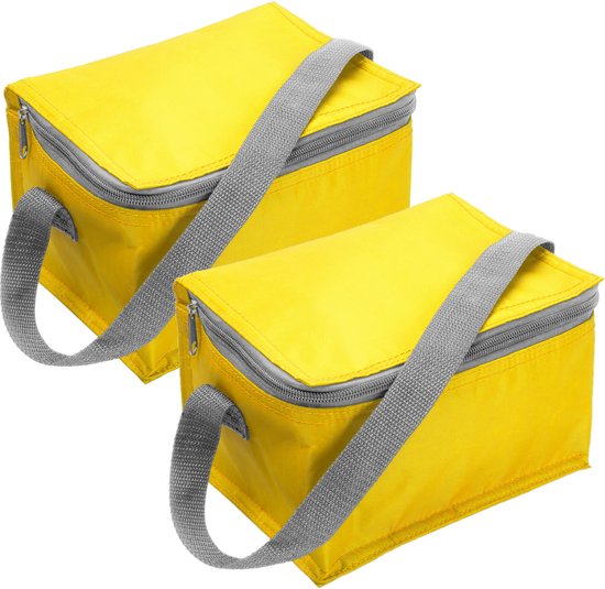 Set van 2x stuks kleine koeltas geel voor 6 blikjes met rits en draagband - lunch-drankjes-medicijnen - 20 x 13 x 13 cm van Benson