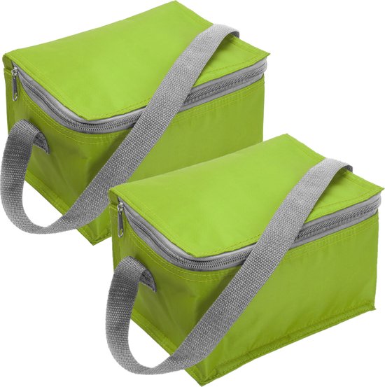 Set van 2x stuks kleine koeltas lime groen voor 6 blikjes met rits en draagband - lunch-drankjes-medicijnen - 20 x 13 x 13 cm van Toolland