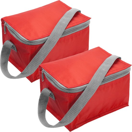 Set van 2x stuks kleine koeltas rood voor 6 blikjes met rits en draagband - lunch-drankjes-medicijnen - 20 x 13 x 13 cm van Perel