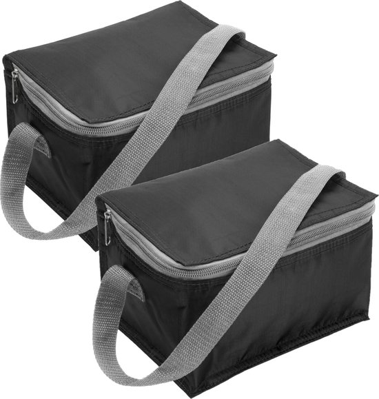 Set van 2x stuks kleine koeltas zwart voor 6 blikjes met rits en draagband - lunch-drankjes-medicijnen - 20 x 13 x 13 cm van Jeelakiki