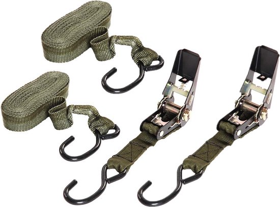 Set van 2x stuks legergroene nylon spanbanden 4,5 meter - Outdoor survival artikelen van Veelzijdig