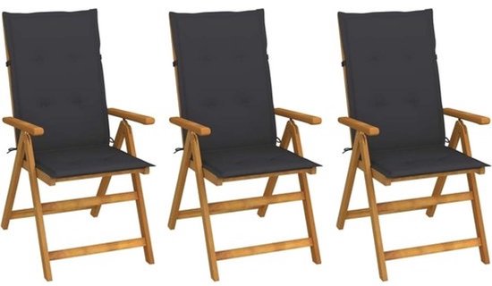 Set van 3 Houten Tuinstoelen | Inklapbaar met Antraciet Kussens | Verstelbare Hoge Rugleuning