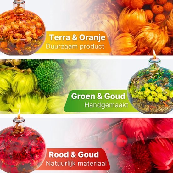 Set van 3 Olielampen – Groen, Rood & Terra – Glazen Sfeerlampen – 13CM – Inclusief Olie & Decoratie - Moederdag - Aanbieding