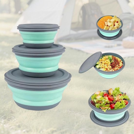 Set van 3 Opvouwbare Siliconen Borden met Deksel - Camping Servies & Afwasbak voor Buiten