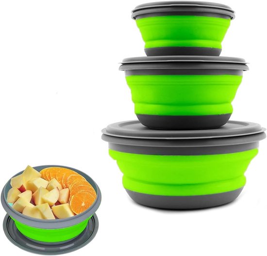 Set van 3 Opvouwbare Siliconen Kommen met Deksel voor Kamperen, Wandelen en Outdoor Activiteiten