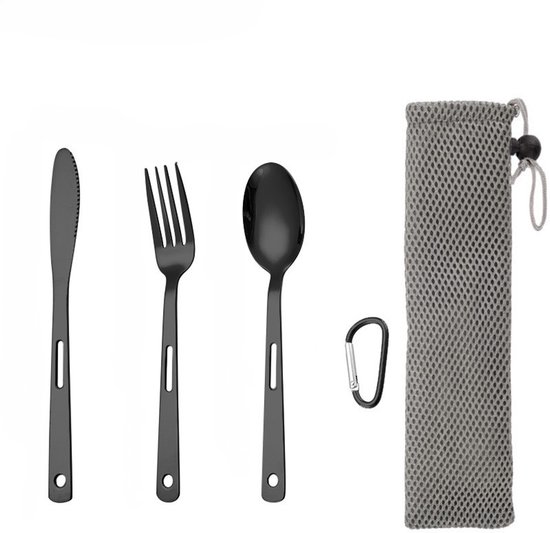 Set van 3 reisbestek, kampeerbestek, roestvrijstalen kampeerbestekset, draagbaar outdoorbestek met karabijnhaak, lepel, vork, mescombinatie en tas, herbruikbare reisbestekset,Zwart