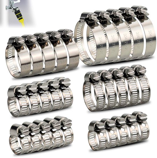 Set van 30 roestvrijstalen slangklemmen - 6–51 mm - Verstelbare slangklemmen - Waterleidingklemmen - Voor gas- en waterleidingen, tanks en voertuigslangen in huis - Inclusief opbergkoffer