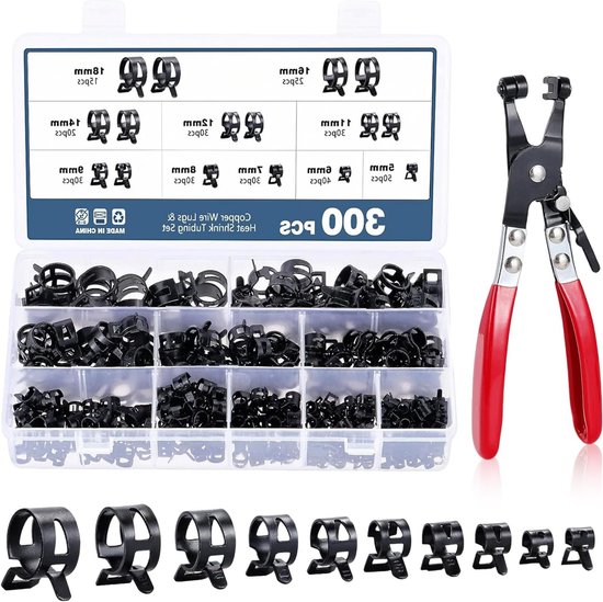 Set van 300 Slangklemmen voor Diverse Toepassingen - Slangklemmen, Veerklemmen, Brandstofslang Reparatieset, 5-18 mm, Inclusief Pliers en 10 Maten