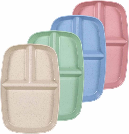 Set van 4 borden, borden met onderverdeling, platte borden, menuborden, 3 vakken, gedeelde borden, onbreekbare borden, herbruikbare campingborden voor kinderen en volwassenen van JINAMART
