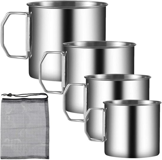 Set van 4 Camping Bekers van RVS met Vouwhandvatten, Ideaal voor Hiking en Bushcraft, 750 ml en 550 ml