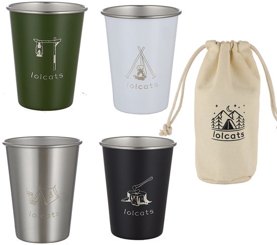 Set van 4 campingbekers - Inhoud: 350 ml - Design met outdoor-thema - Roestvrij staal - Perfect voor picknicks, wandelen en vissen in de buitenlucht - Te gebruiken als bierbekers of waterflessen - Verkrijgbaar in vier kleuren