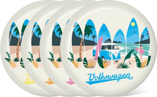 Set van 4 Camping/Picknick Borden – Volkswagen T1 Camper Design – RPET Duurzaam – 23cm – Herbruikbare Borden – Waves are Calling