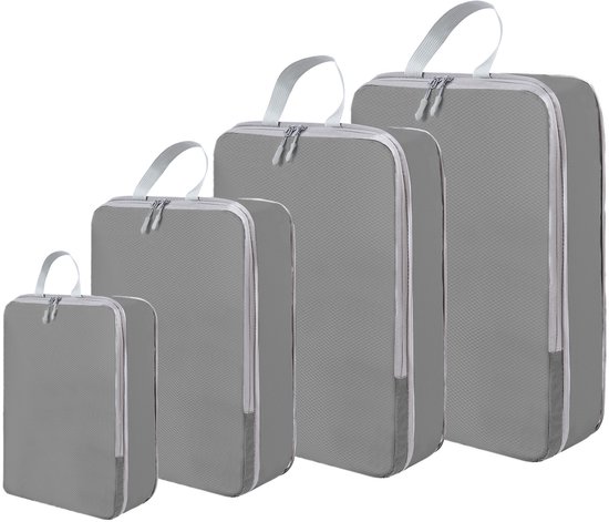 Set van 4 compressiezakken, ideaal als reisbagage-organizer, bespaart tot 60% ruimte en houdt uw spullen georganiseerd en gemakkelijk toegankelijk, grijs.
